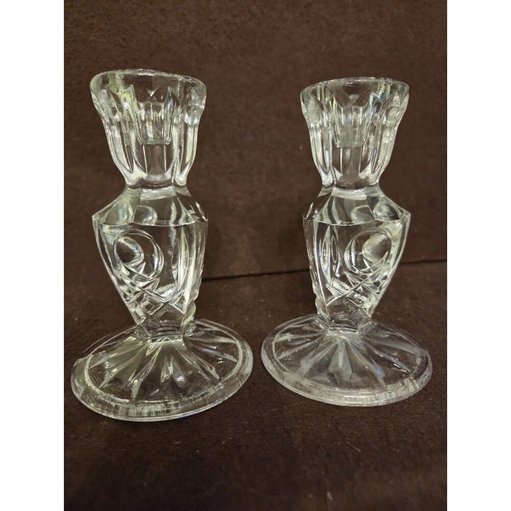 Pair 5" Candle Holders 3‎ Sided Pressed Glass Vtg